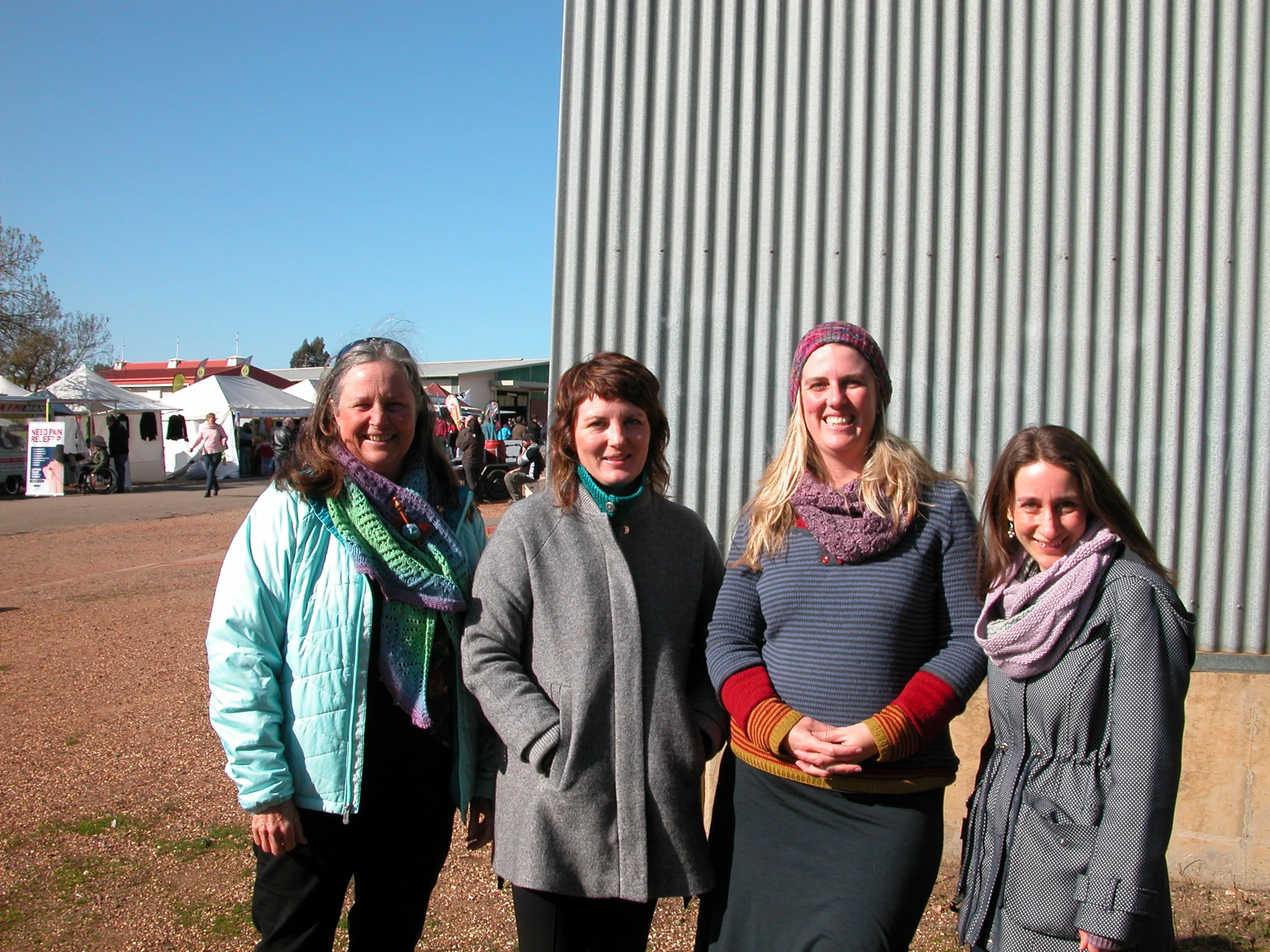 The gang on Sunday: left to right, me, Sandy Holdaway (pattern designer), Mary Donohue (wearing her 3-in-1 Henley made from 4 ply WGW), and Sally Oakley (pattern designer). I’m wearing the scarf that Mary Donohue knitted for me from a gradient by Agnes Bolton.