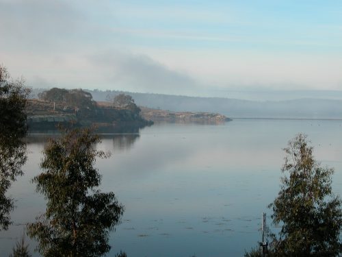 A most unusual photo of Oatland’s Lake Dulverton: full of water, and without a breath of wind on Sunday mid-morning.