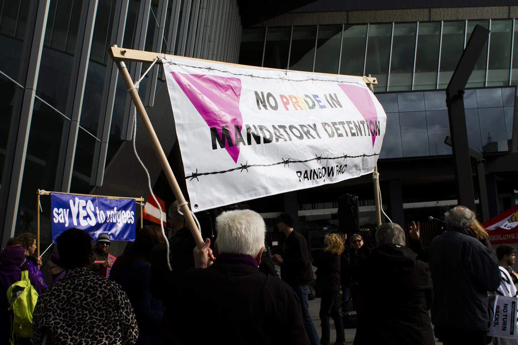 Crowds rally outside the Australian Labor Party (ALP) Conference held in Melbourne in an effort to change the ALP's refugee policy, 2015