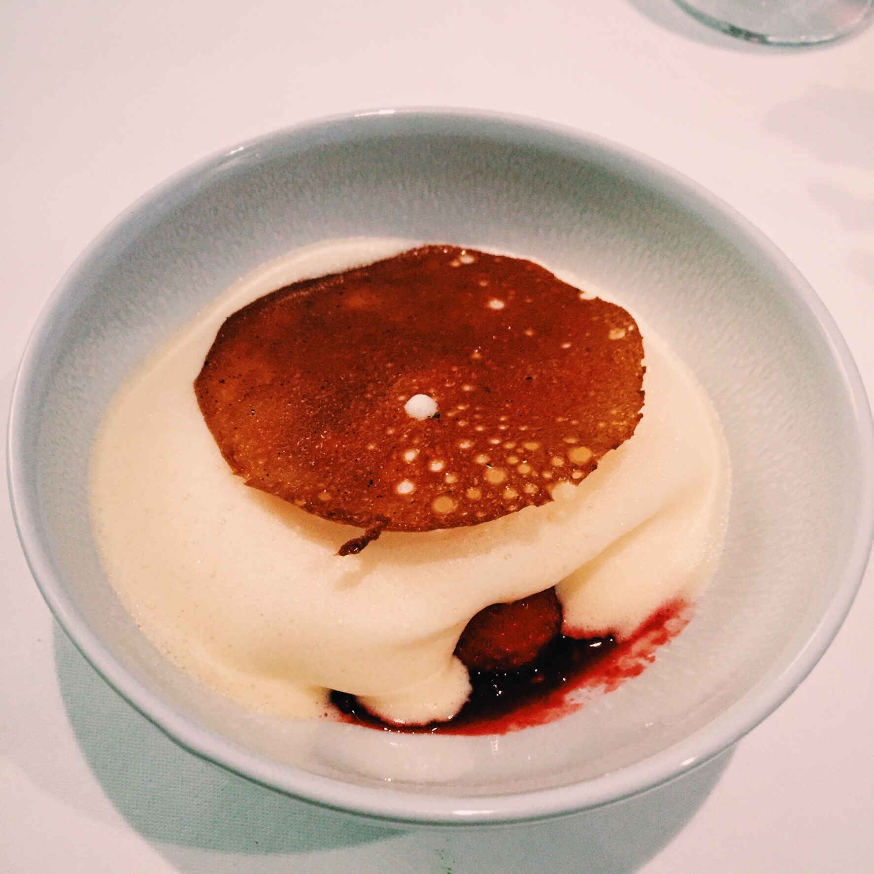 Oakchurch strawberries with summer fruit coulis, fromage blanc sorbet, Moscato sabayon and canelé tuile