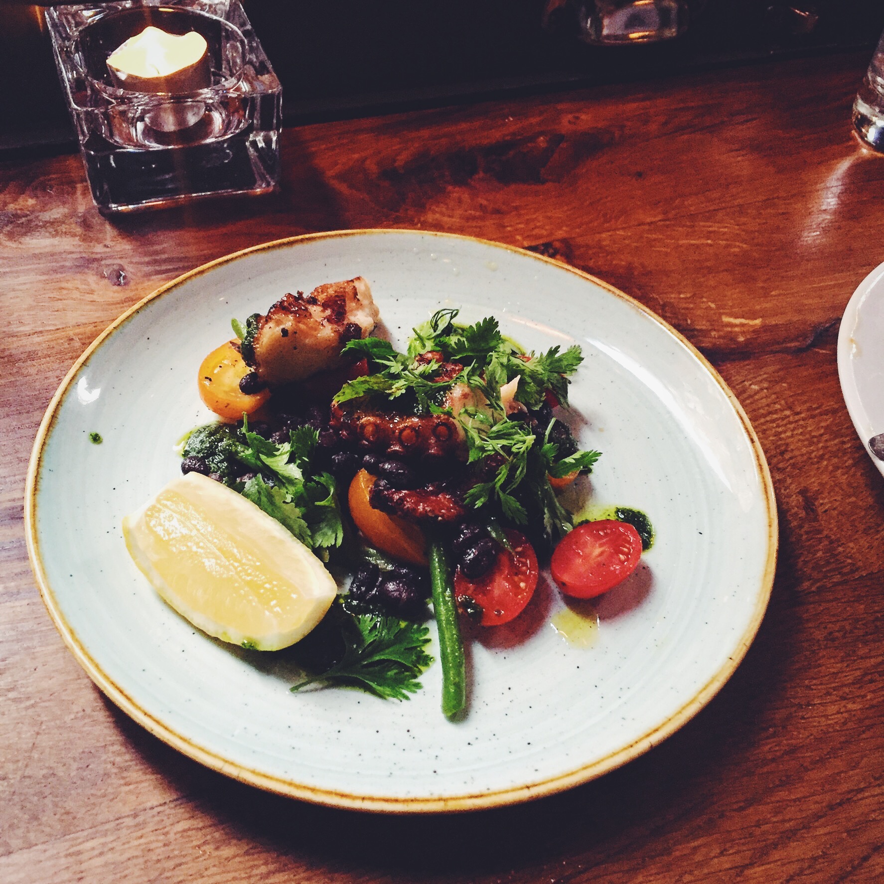 Chargrilled Octopus with Frigol Negro and tomato & green bean salad (£8.50)