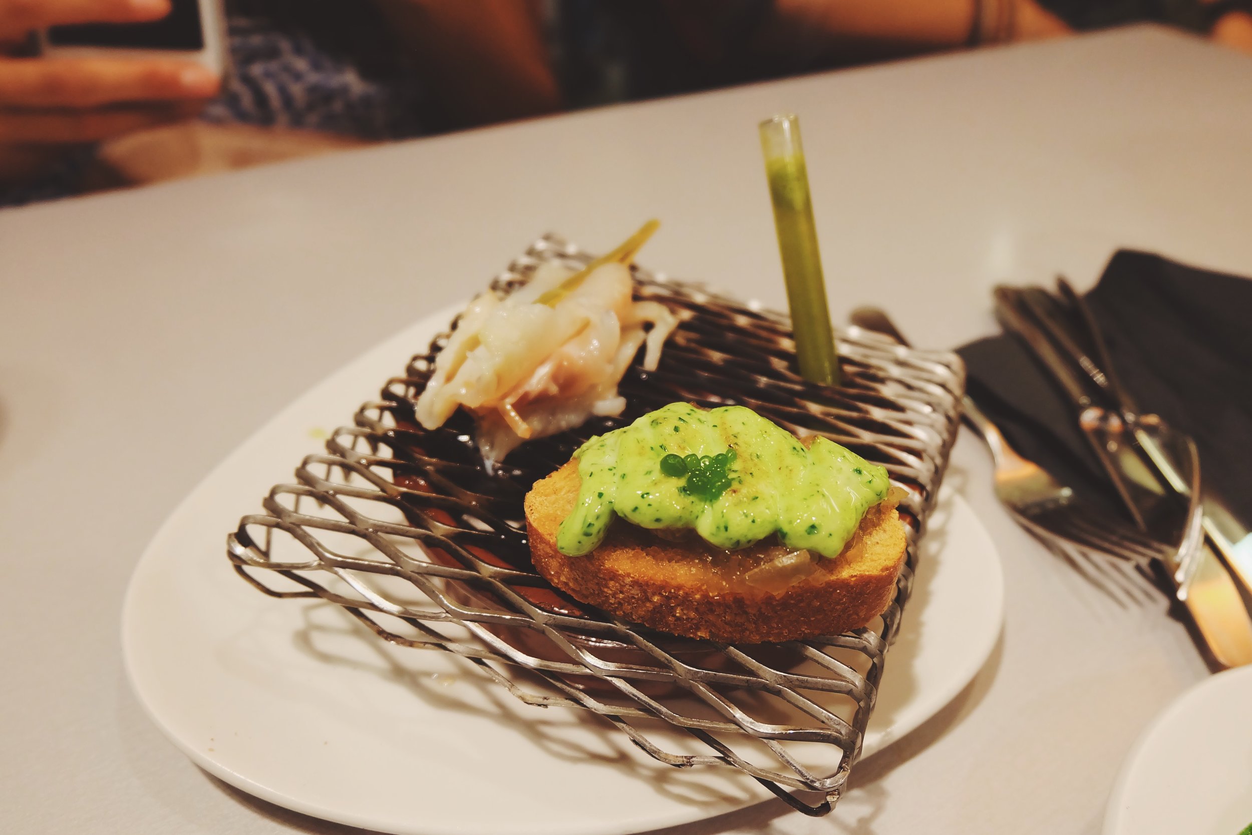 Grilled cod on toast with parsley mayonnaise (the cod is actually cooked on that)
