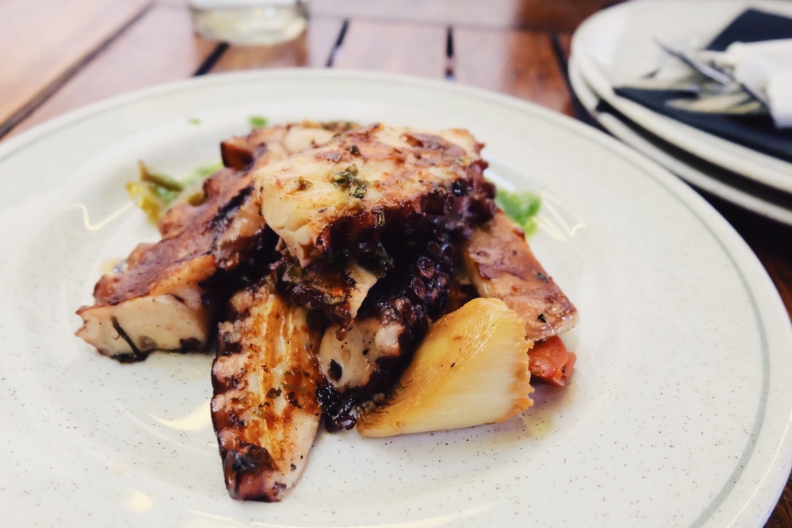 Grilled Octopus with vegetables and guijelo's bacon (best octopus I've ever had - cooked to absolute perfection).