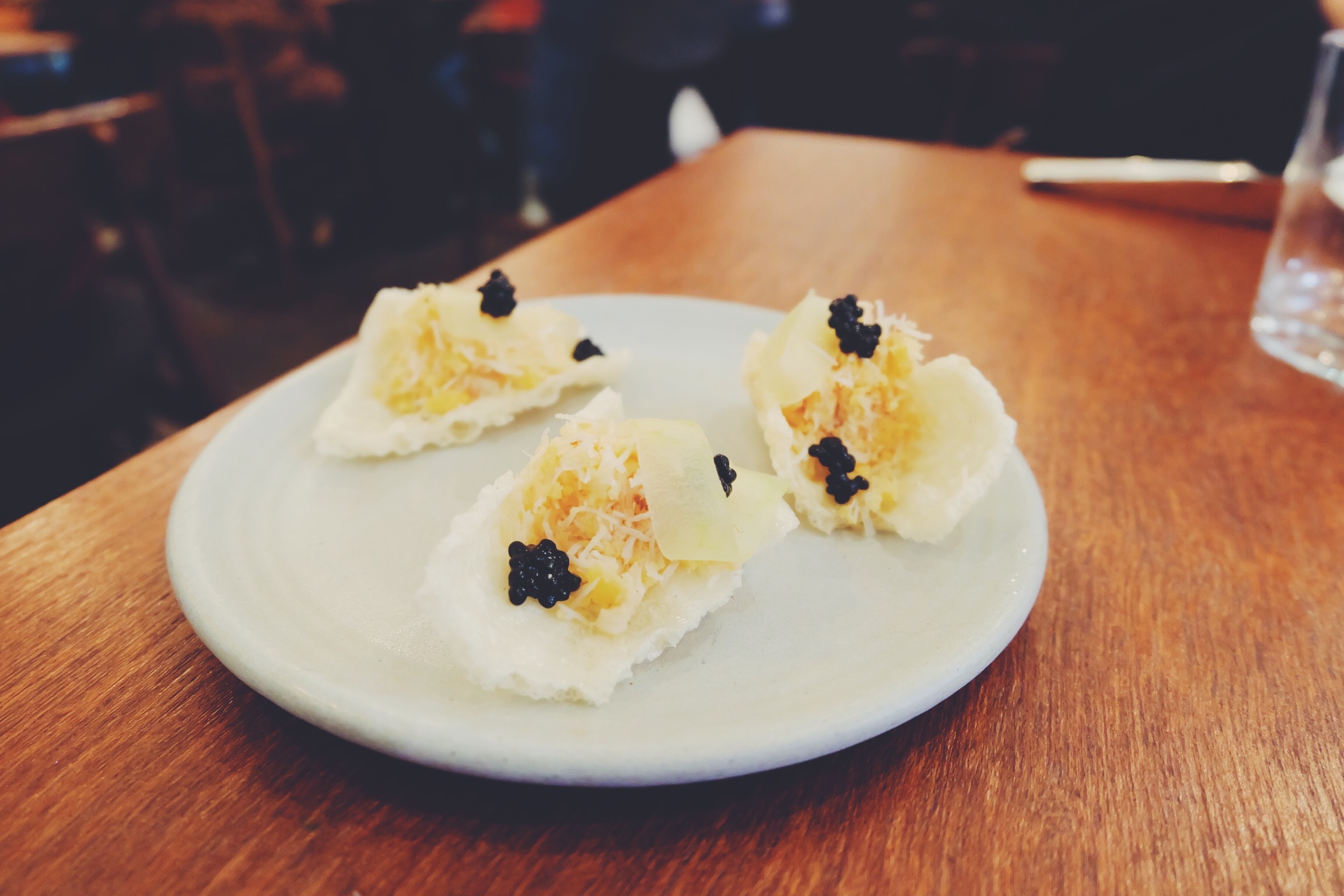 Dorset crab, Gascony butter, apple and puffed rice crisp (£4)