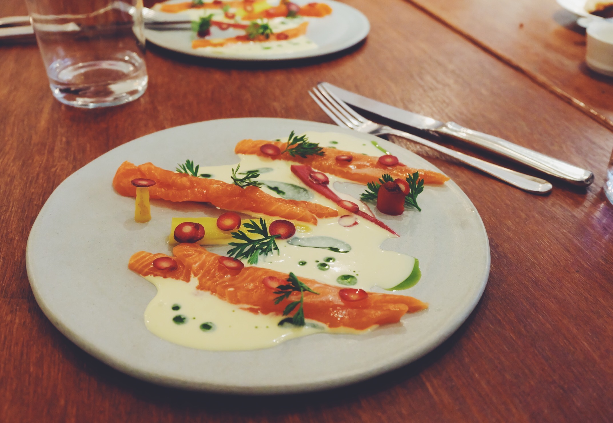 Hay-smoked Trout, fermented heritage carrots, raw cream & dill (£14)