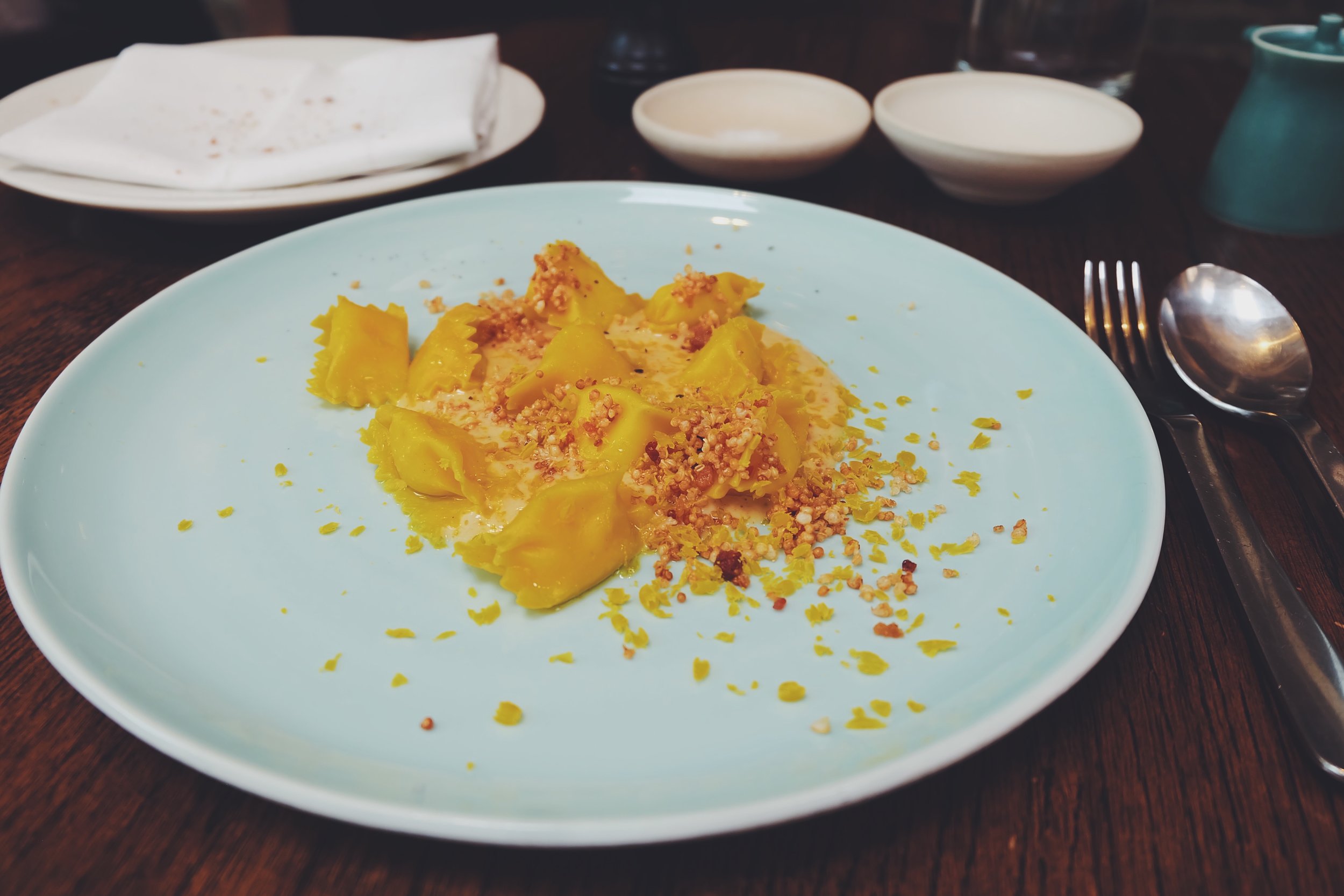 Carbonara filled agnolotti with toasted quinoa and guanciale (£14)
