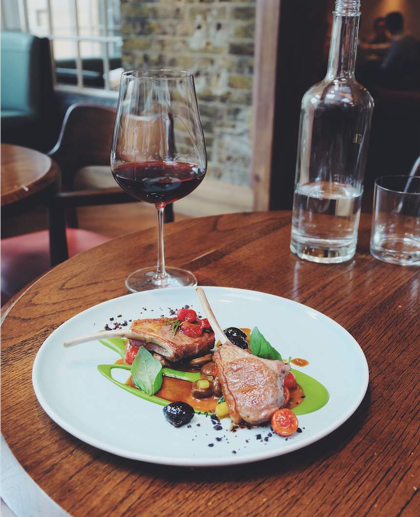 Hebridean lamb chops, braised broad beans, courgette and black olive (£26) paired with Barolo di Serralunga, Ferdinando Principiano, Piedmont, 2012 (£13.50)