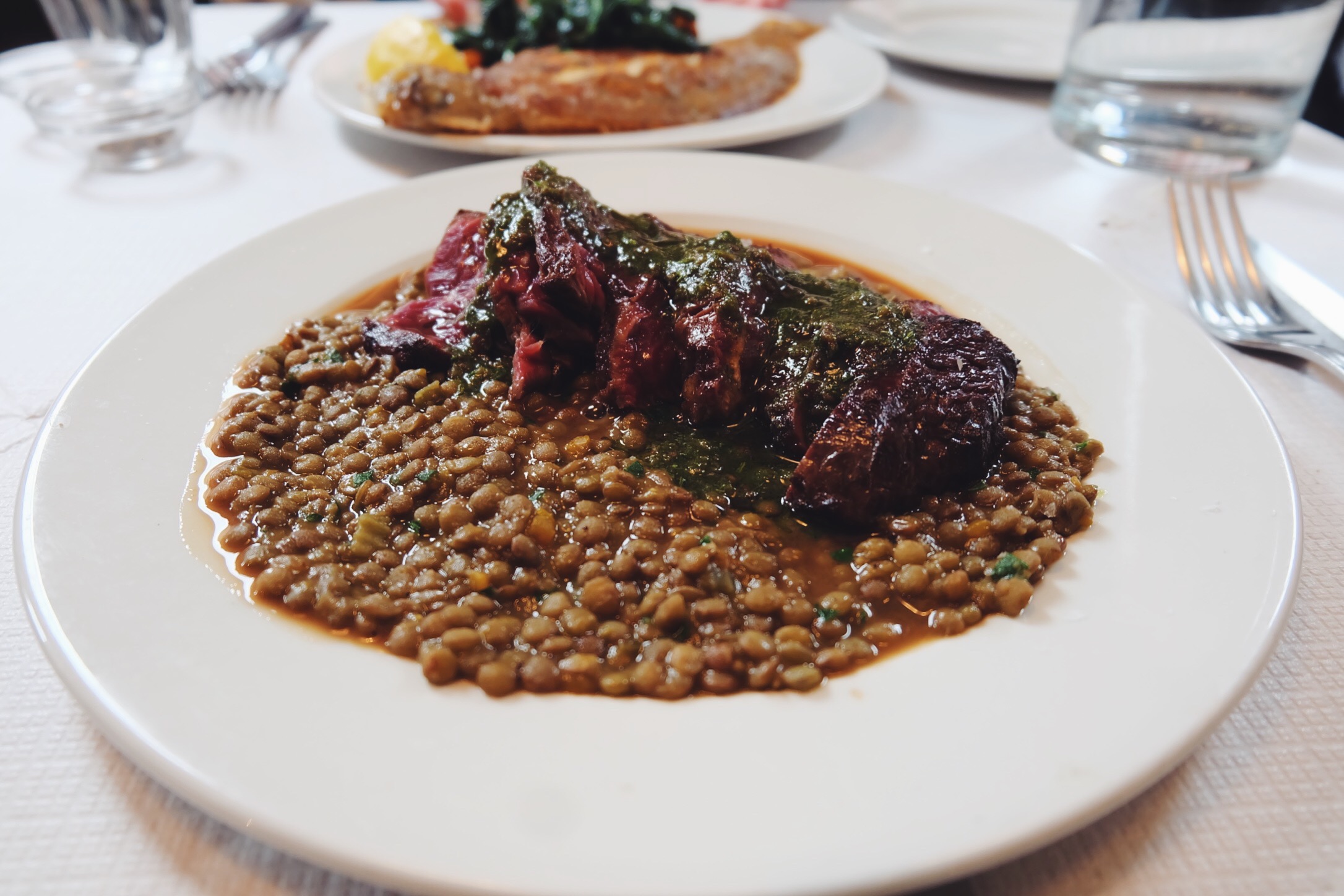 Dexter onglet with Castulleccio lentils, anchovy and rosemary dressing (£20)