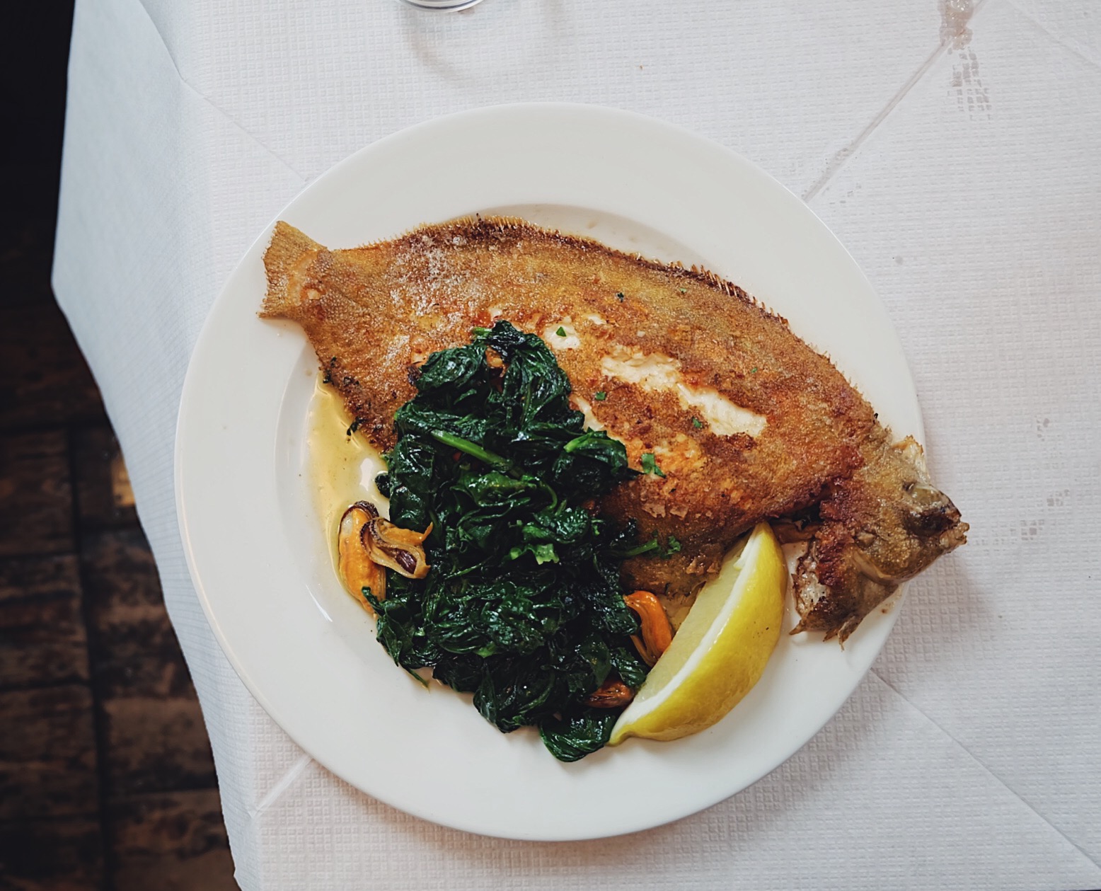 Lemon sole with wilted spinach and mussels (£22)