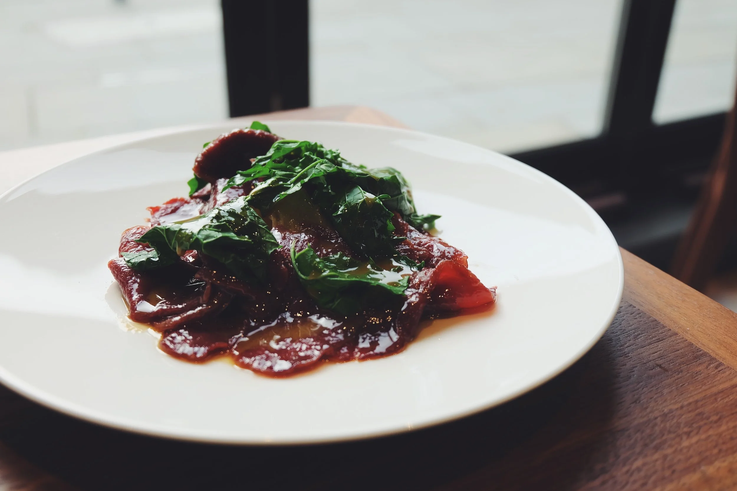 Raw smoked beef, apple sauce and Jerusalem artichoke (£12)