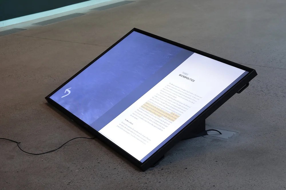Nolan Oswald Dennis, Black Earth Corpus, 2024. Three monitors, three joysticks, local server. Dimensions variable 