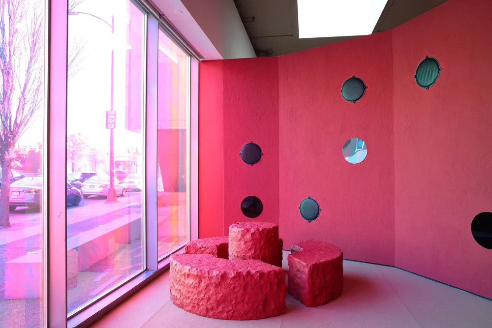 Evan Ifekoya, Three States of Water: The Flood, 2023. Sound installation (multi-channel sound), speakers, wood, acrylic glass, LED stripes, cork, mirrors, dichroic foil. Dimensions variable