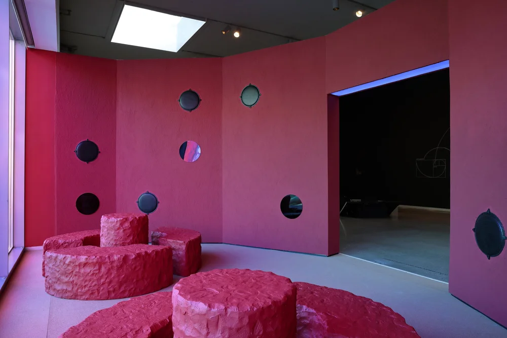 Evan Ifekoya, Three States of Water: The Flood, 2023. Sound installation (multi-channel sound), speakers, wood, acrylic glass, LED stripes, cork, mirrors, dichroic foil. Dimensions variable