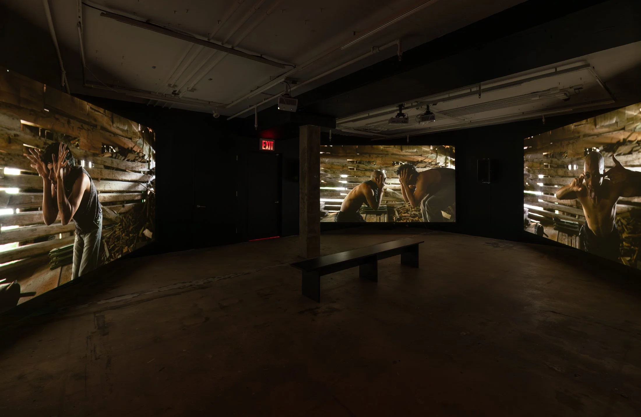 Tiran Willemse, Dweller, 2026. Three channel HD video installation (color, stereo sound). 30 min.