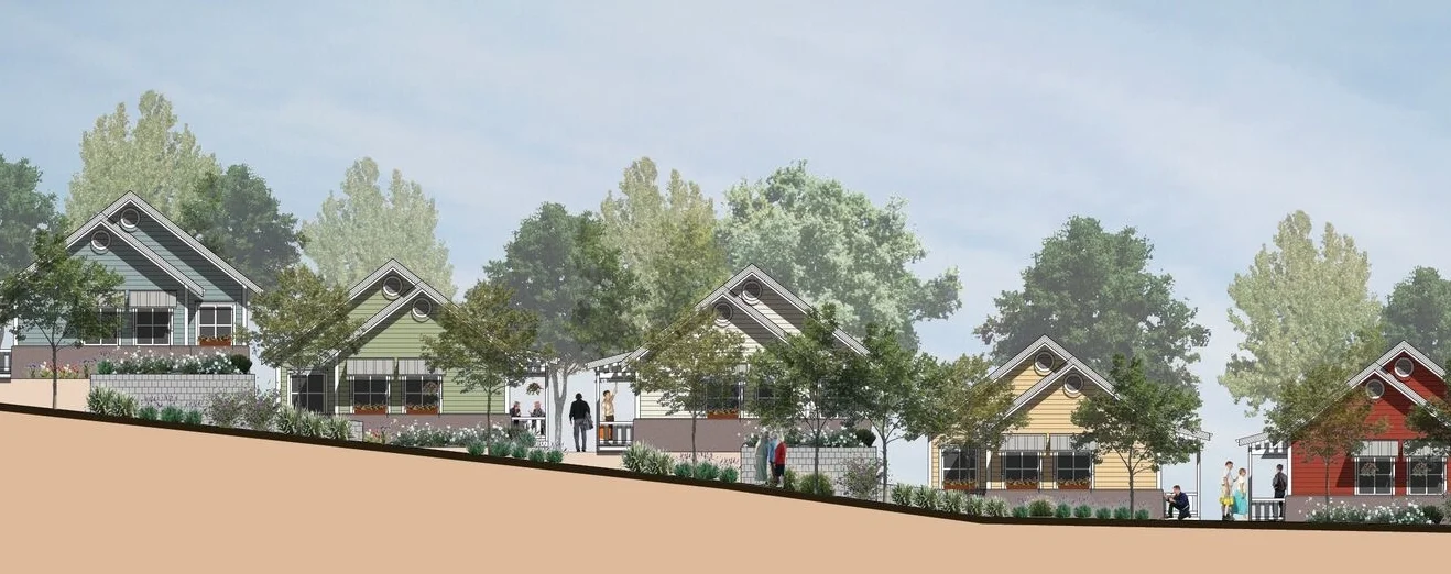 Cottages nestled side-by-side with walkways connecting them. By having a roof over one's head, future residents will be capable of getting back on their feet and giving back to society.