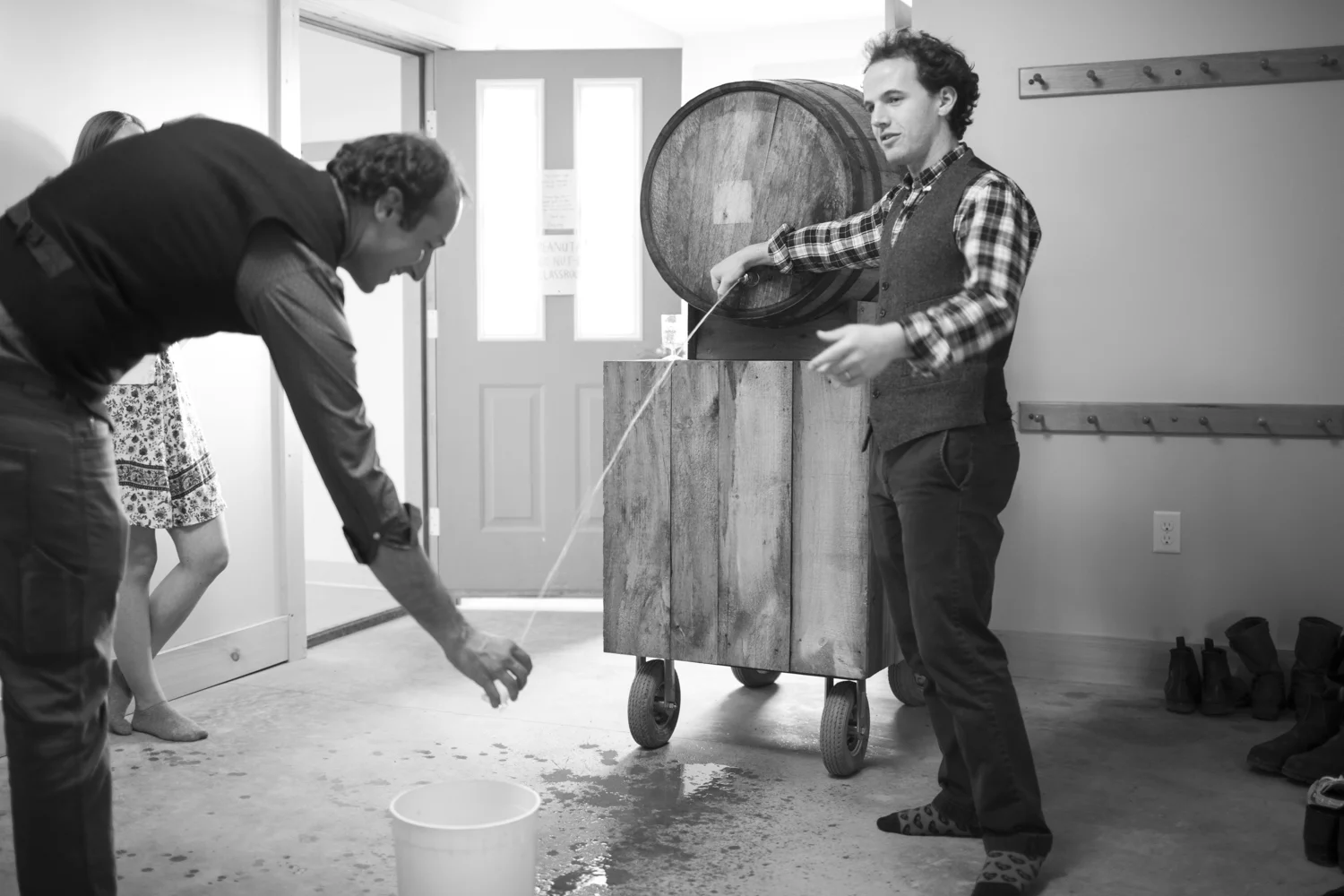 David Dolginow of Shacksbury Cider pours from the Basque barrel.