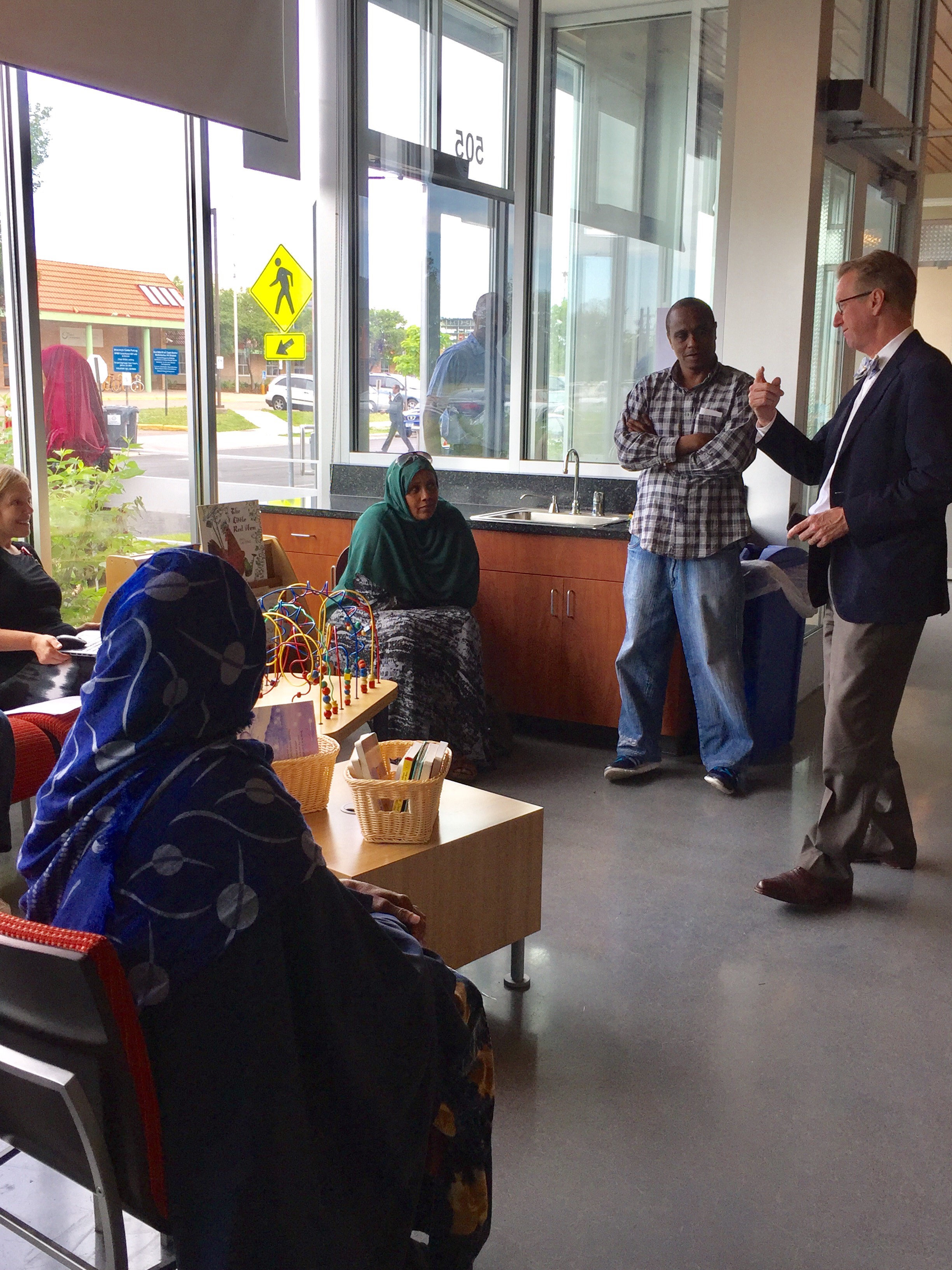 From left to right, Saido Haji Abdulle, Cedar Riverside resident job seeker; Regina Pekarek; Arawelo, CR resident job seeker; Abdu Abdullahi, CR resident job seeker; Mike Christenson, Hennepin County Workforce Development Director