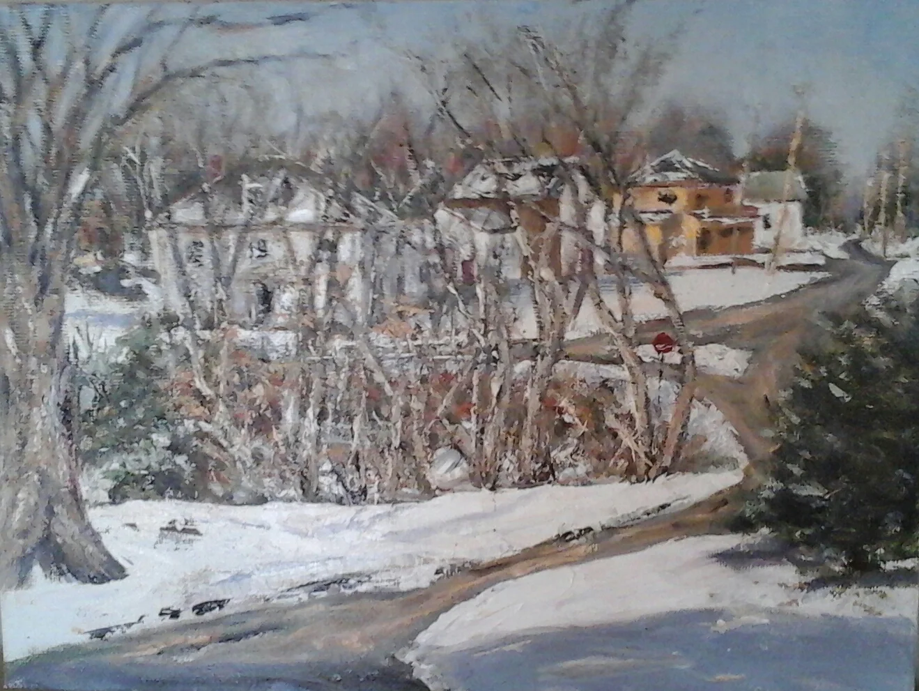 "First Snowfall" View from my kitchen window of Rowe's Corner, Newton, NH9"x 12" oil on panel in 4"W black with ant. gold liner frameAvailable at Newburyport Art Association, 65 Water St., Newburyport, MA, 978-465-8769