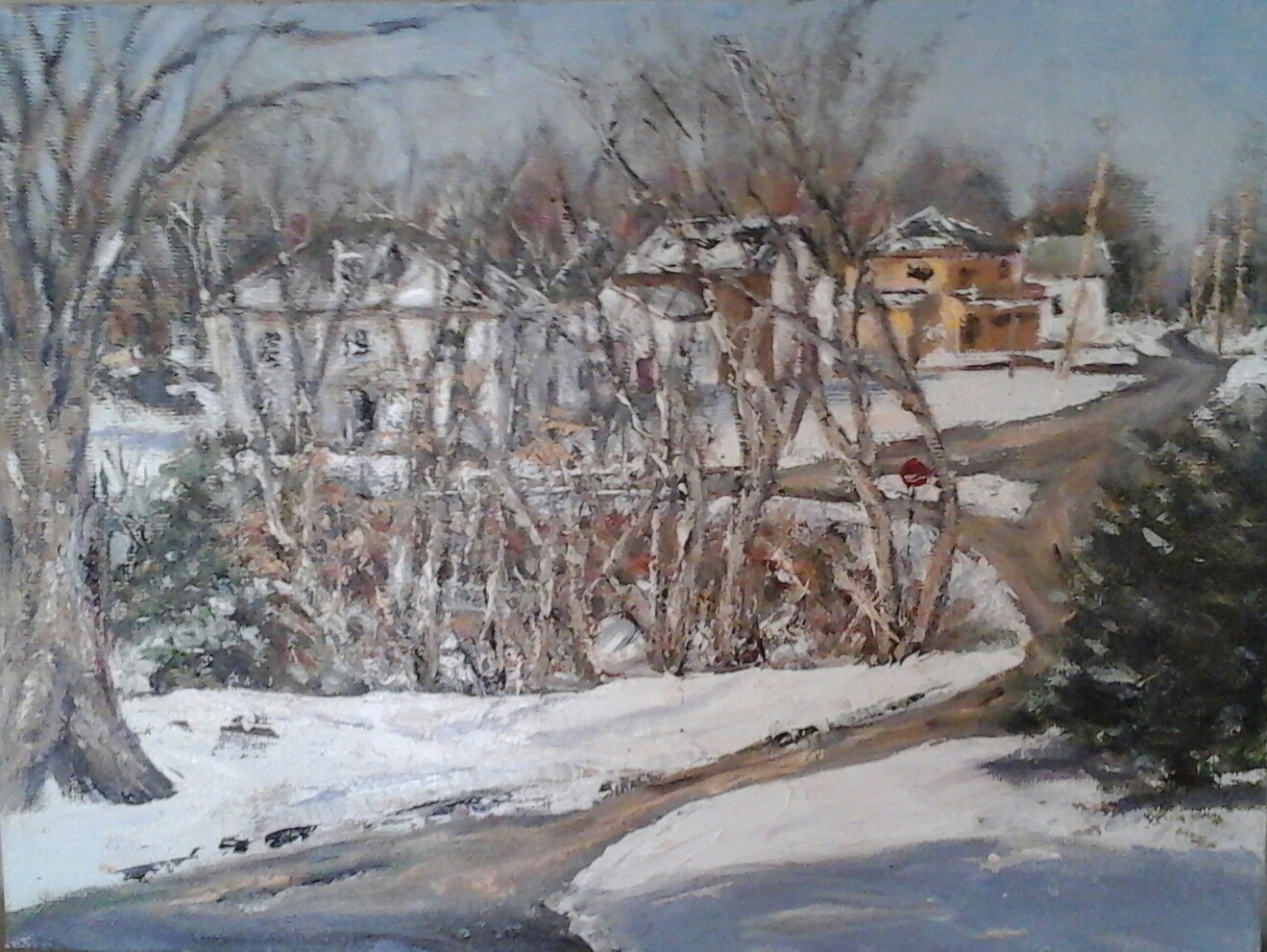 "First Snowfall" View from my kitchen window of Rowe's Corner, Newton, NH 9"x 12" oil on panel in 4"W black with ant. gold liner frame Available at Newburyport Art Association, 65 Water St., Newburyport, MA, 978-465-8769