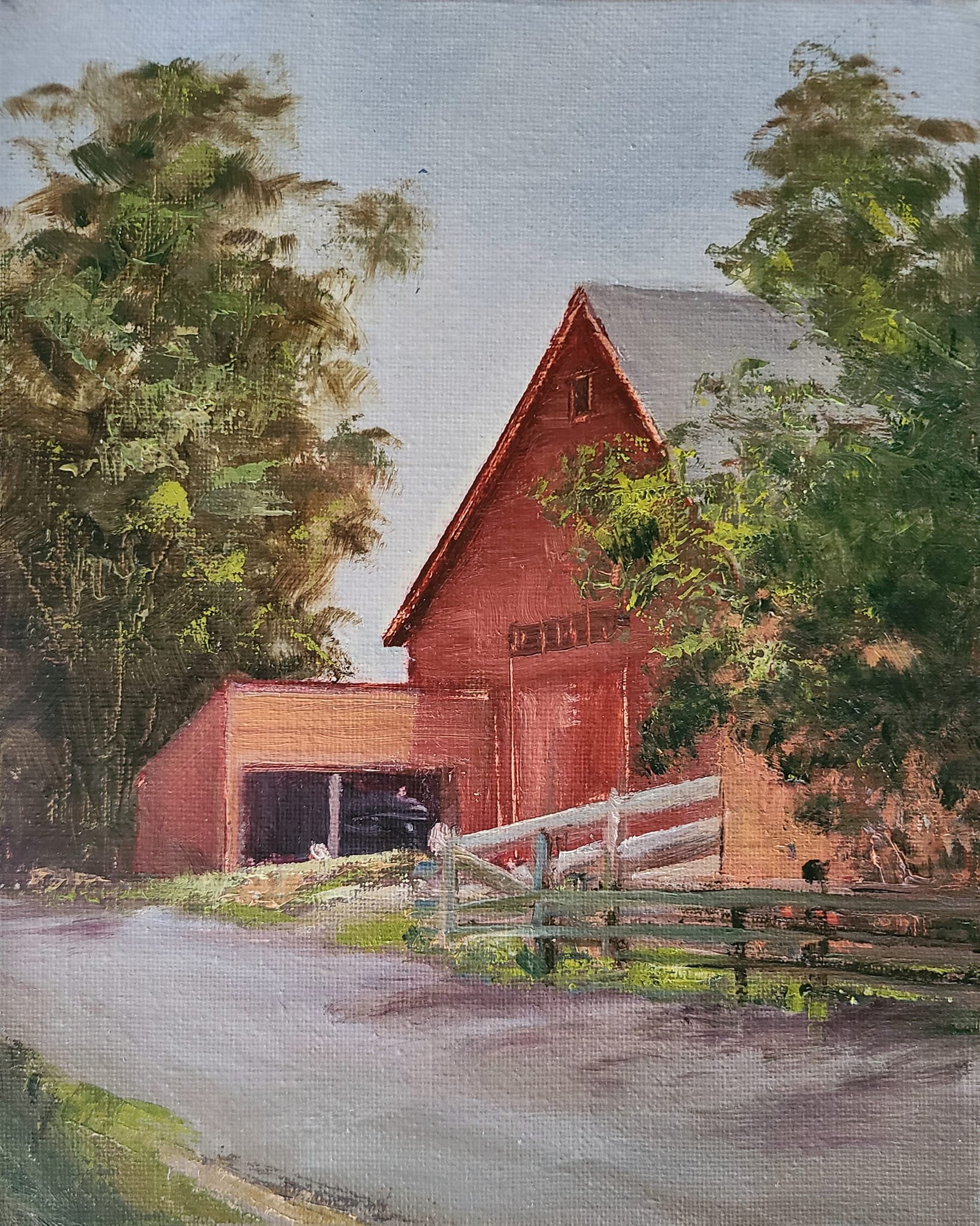 "Ole Barn - Whittier's Birthplace, Haverhill, MA" 8" x 10" oil on linen canvas in 3 1/2" wide black wood frame