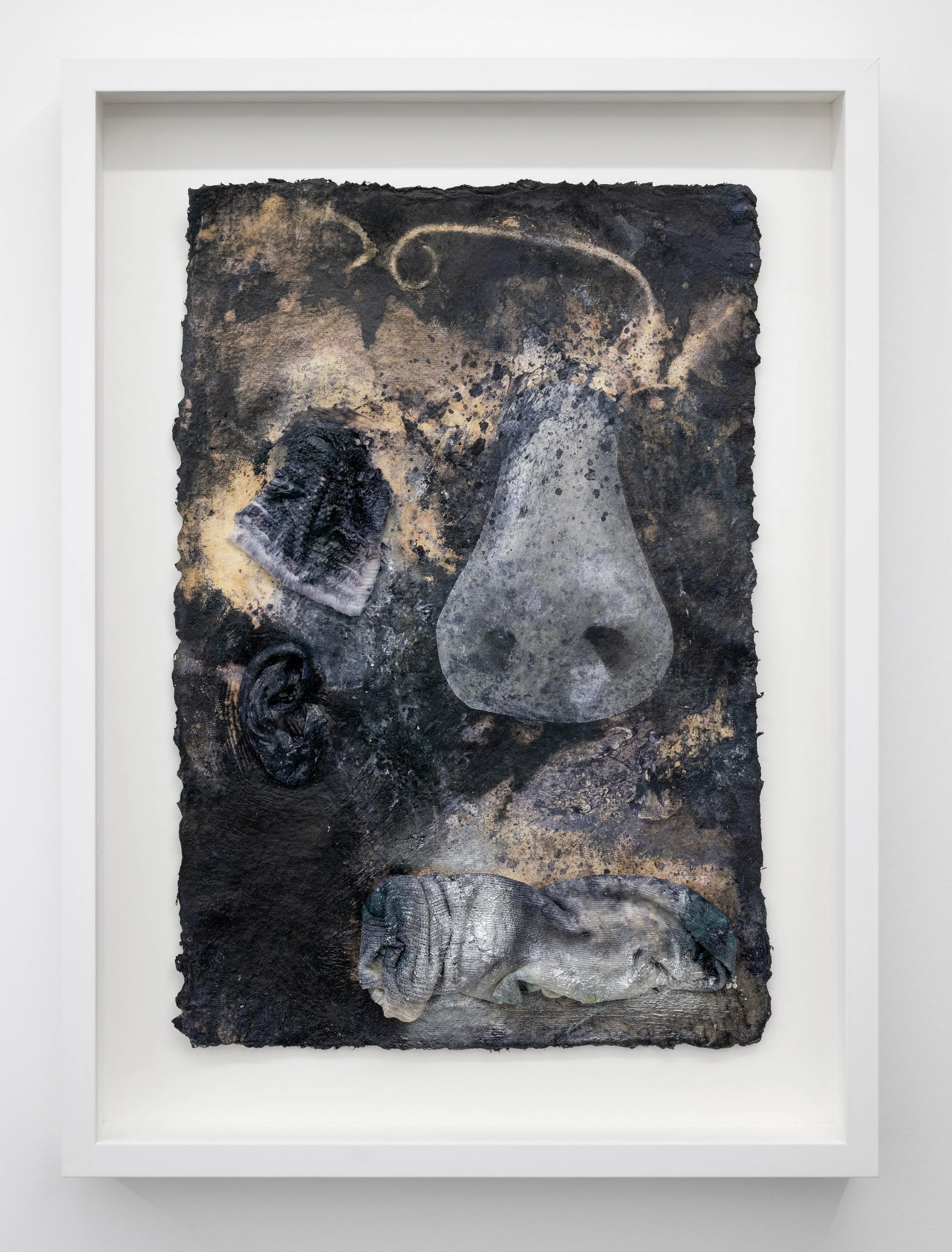    Under My Nose    Rosie Reed  Indigo paper, paint, photograph, bleach, tea towel &amp; sock   47 x 34 x 3cm  2026  