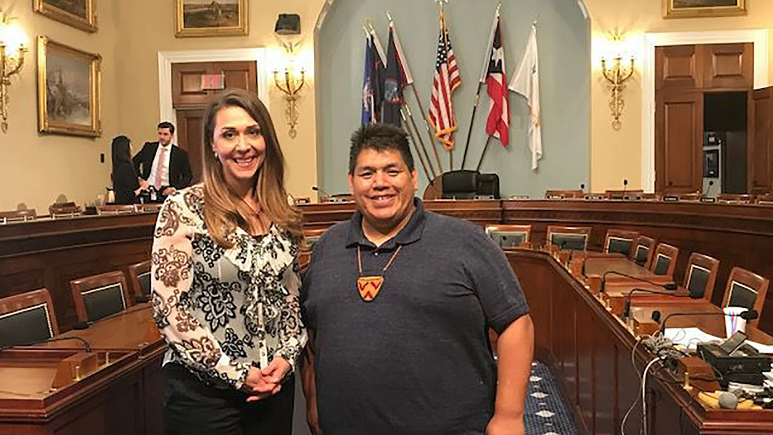 Rep. Jaime Herrera Beutler and Chehalis chairman Harry S. Pickernell Sr. at committee hearing for HR 5317. Image courtesy of SevenFifty Daily and Rep. Beutler’s office.