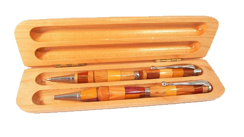 Pen+&+Pencil+-+Mixed+Hardwood+with+Mpale+Wood+Hinged+Case+-++#6+-++$99_95.jpg