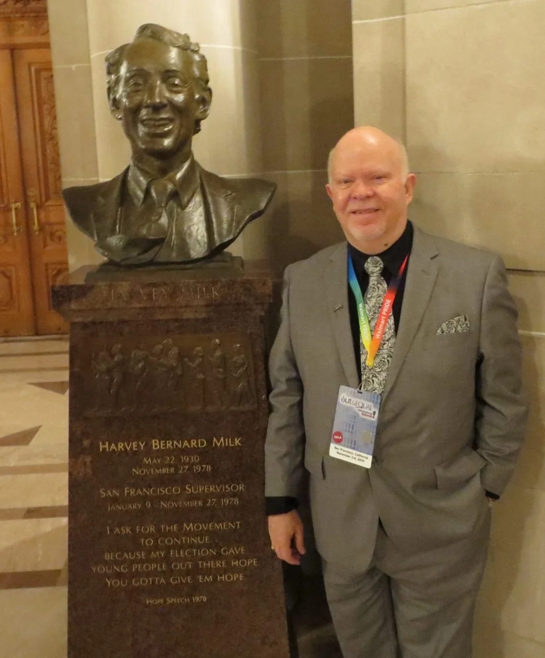 "Slade" Childers, years later, beside the bust of Harvey Milk in San Francisco City Hall