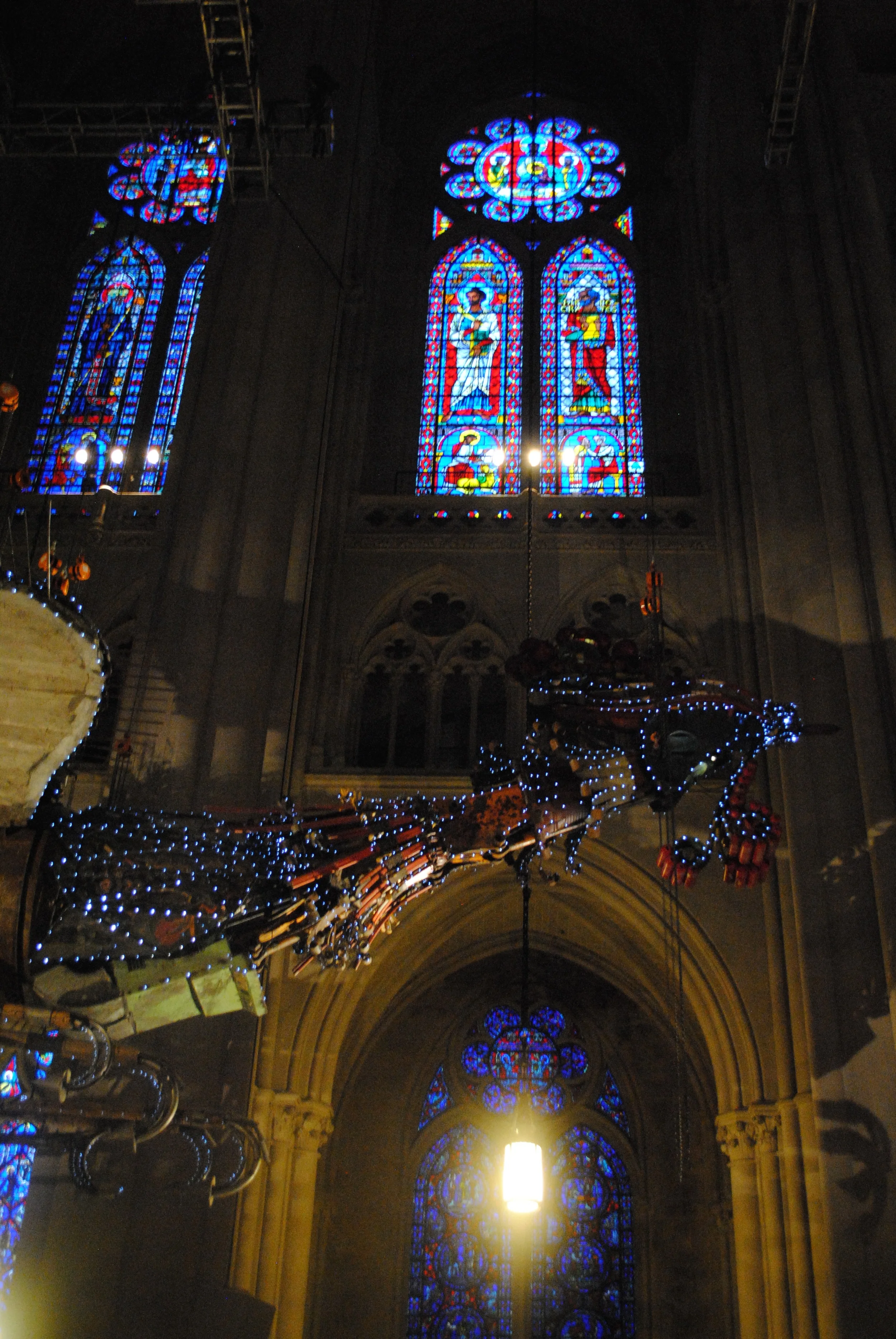 Phoenix and Stained Glass , in Saint John's Cathedral NYC, October 26th 2014 (Phoenix by Xu Bing, photograph by Hazel Renee)