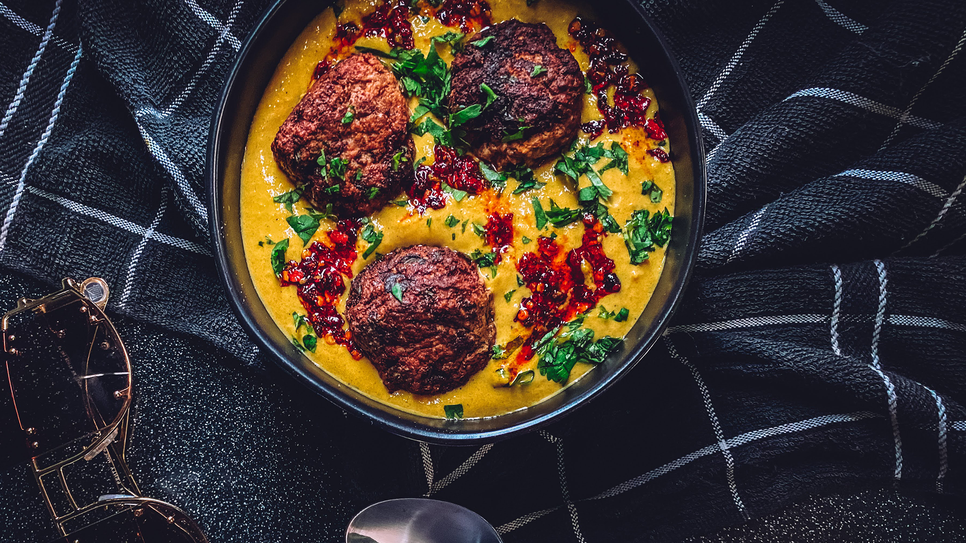 Curry Squash Soup with Chorizo Lamb Meatballs