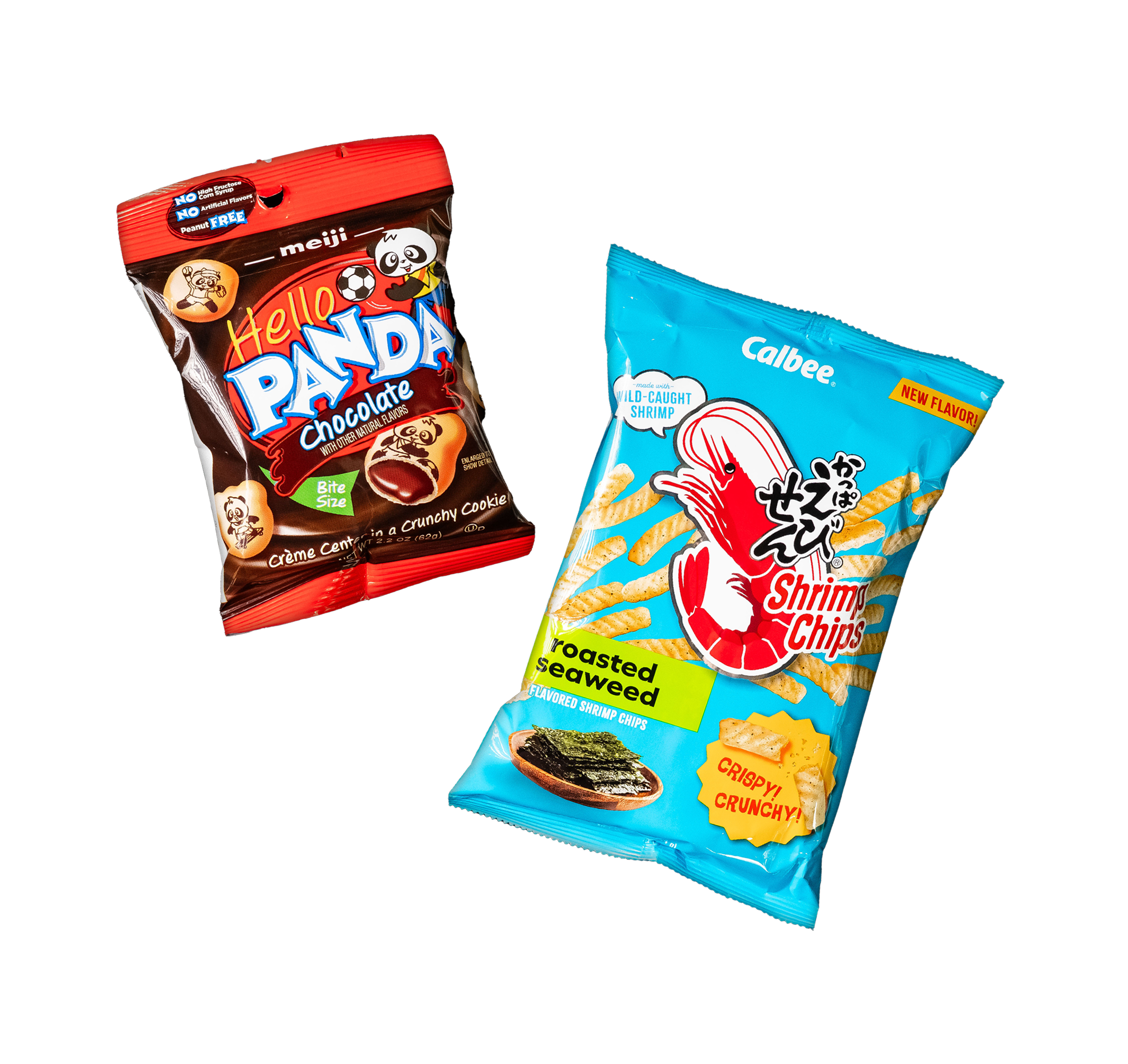 Bag of Hello Panda Chocolate Cookies and Calbee Shrimp Chips