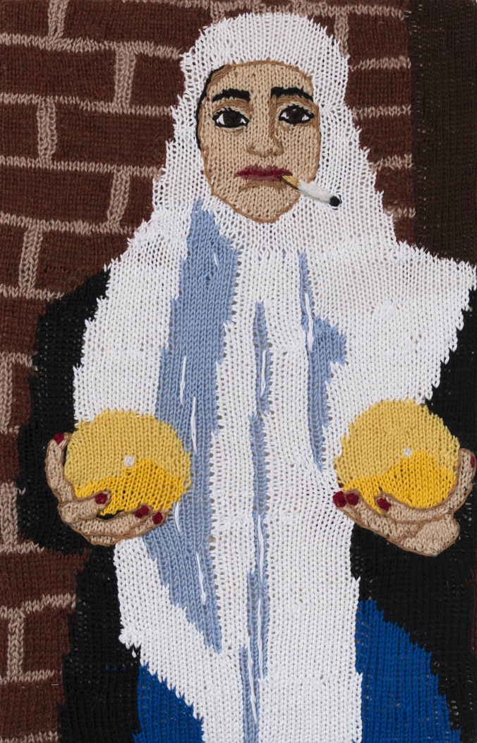  Feminist Fan #22 (Sarah Maple, Self Portrait with Melons, 2012) , 2016.&nbsp;Hand knitted wool and acrylic yarns, canvas and timber,&nbsp;22 x 14 inches 