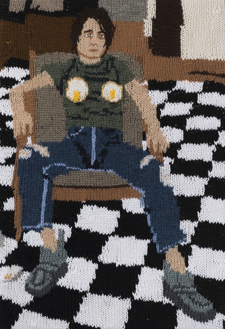  Feminist Fan # 9 (Sarah Lucas, Self Portrait with Fried Eggs, 1996) , 2015.&nbsp;Hand knitted wool and acrylic yarns, canvas and timber,&nbsp;22 x 15 inches  