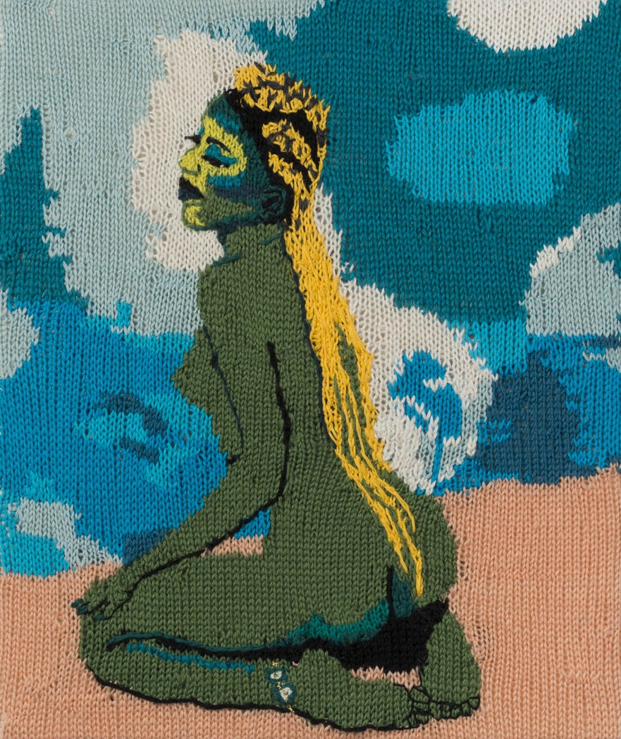   Feminist Fan #19 (Juliana Huxtable, Untitled in the Rage: Niburu Cataclysm, 2015) , 2016.&nbsp;Hand knitted wool and acrylic yarns, canvas, timber,&nbsp;18 x 15 inches 