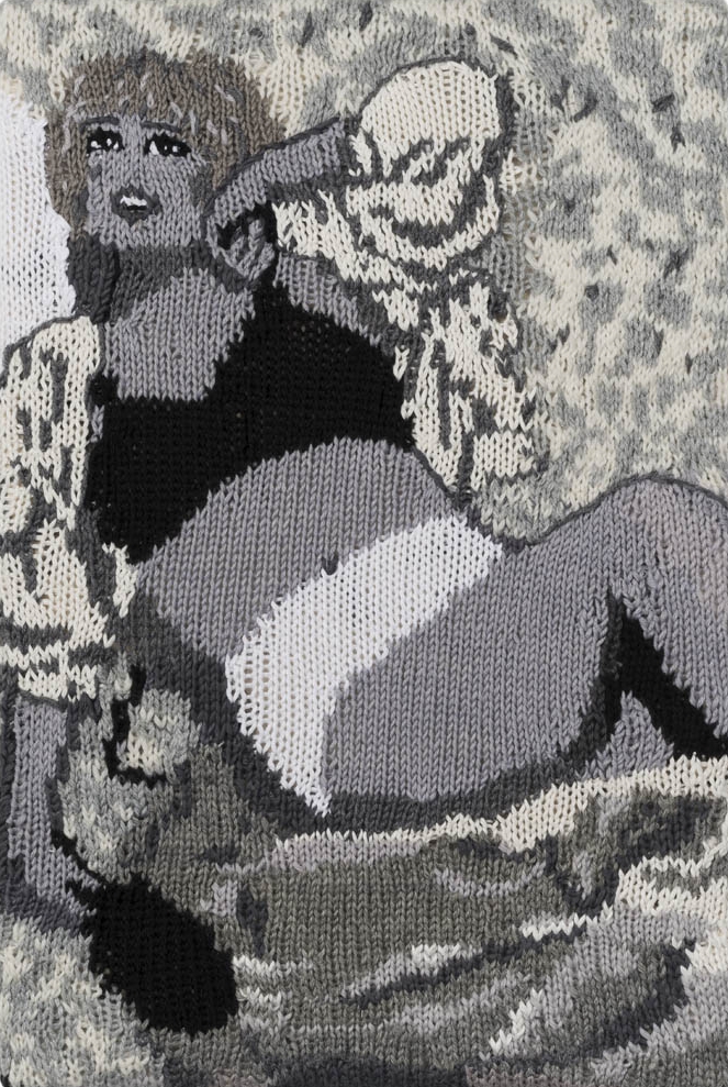   Feminist Fan #10 (Cindy Sherman, Untitled Film Still #6, 1977) , 2015. Hand knitted wool and acrylic yarns, canvas,&nbsp;timber, 18 x 12 inches 