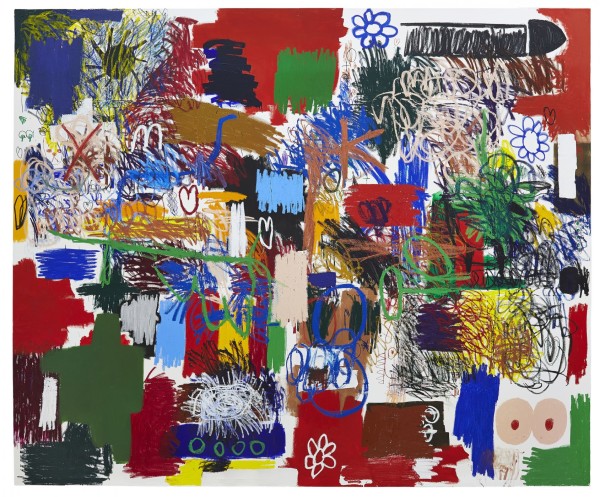 Untitled , 2015, Guesso, oil, oistick, acrylic, permanent marker on canvas, 118 x 158 inches