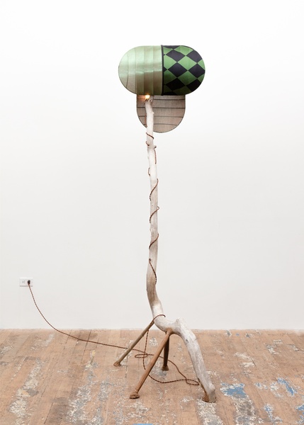 Dog’s Stick Lamp , 2016, driftwood, bamboo, sawdust, wood, wired light, lampshade (steel, silk), 90 x 40 x 22 inches