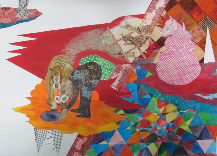 Digging to the Other Side , Ink, gouache, acrylic, and silkscreen collage on paper, 22 x 30 inches