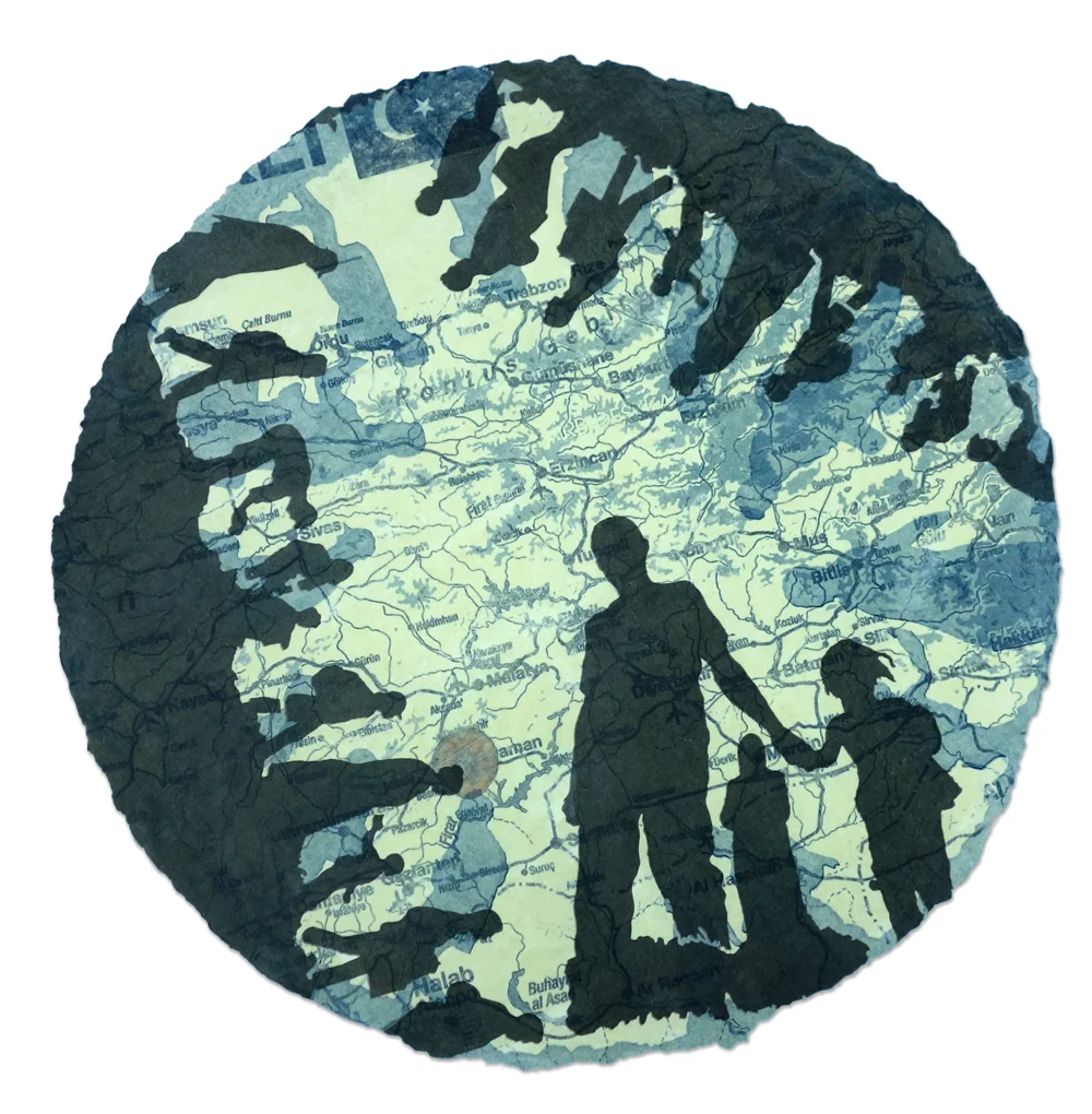 Istanbulnot , 2016, Monotype and collage on handmade watercolor Japanese paper, 37.5-inch diameter