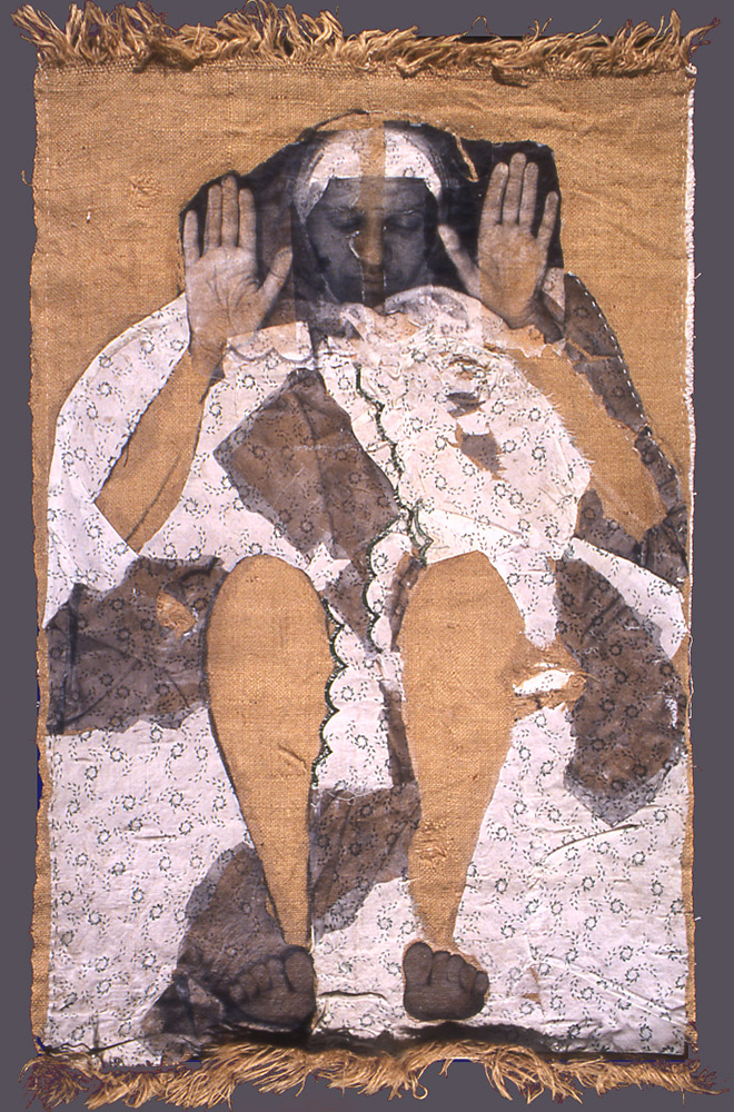   My Prayer Rug , 2002, Acrylis transfer and fabric on burlap and canvas, 46 x 26 inches 
