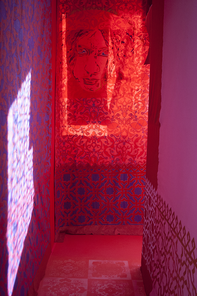   Haneen, Haneen-Passage, and Haneen Sinister Room , 2015, Screen-printing installation, 10 x 10 x 10 feet 