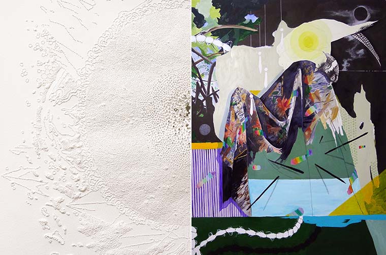 Left: Julia Westerbeke, Untitled (detail), 2015 Right: Melissa Murray, " 'The spectral mists of dawn shrowded the trees and hung low along the landscape.' " (detail), 2015, Mixed medium on paper, 40 x 40 inches