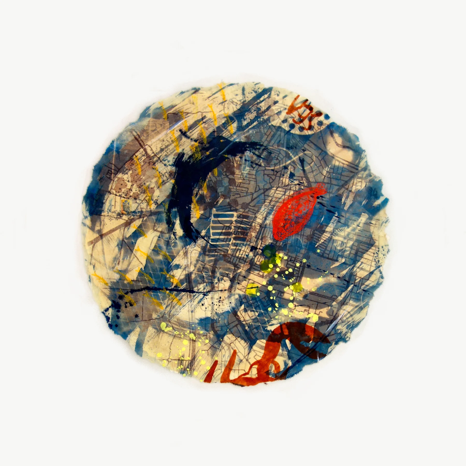 Yvette Drury Dubinsky, Aleppo Drowning, 2015, Mixed media on watercolor and Japanese Paper, 31 inch-diameter