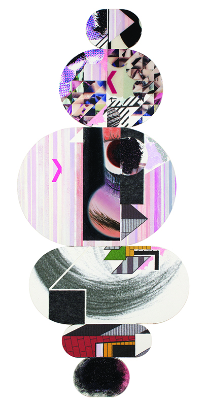 Alisa Henriquez, Floaters No. 6 , 2015, digital prints, magazine images, acrylic paint, resin, glitter, felt on wood panel, 58"x25"