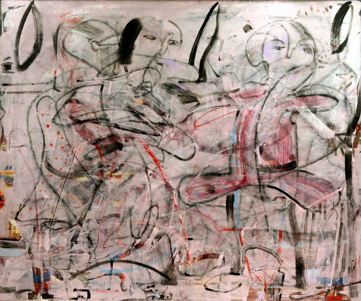 Nancy Lasar, 2014, Strap Hangers , Acrylic and mixed media on canvas, 36 x 44 inches