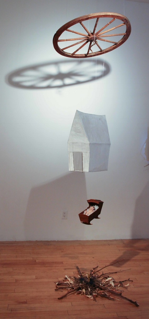 Mobile for Imagining , 2015, Found object, paper, wood, wire, 38” x 38” x 96”