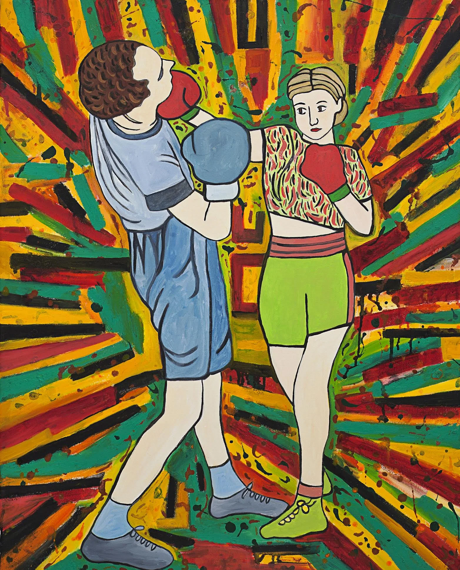 Susan Bee, Pow! , 2014, Oil, enamel, and sand on canvas, 30 x 24 inches