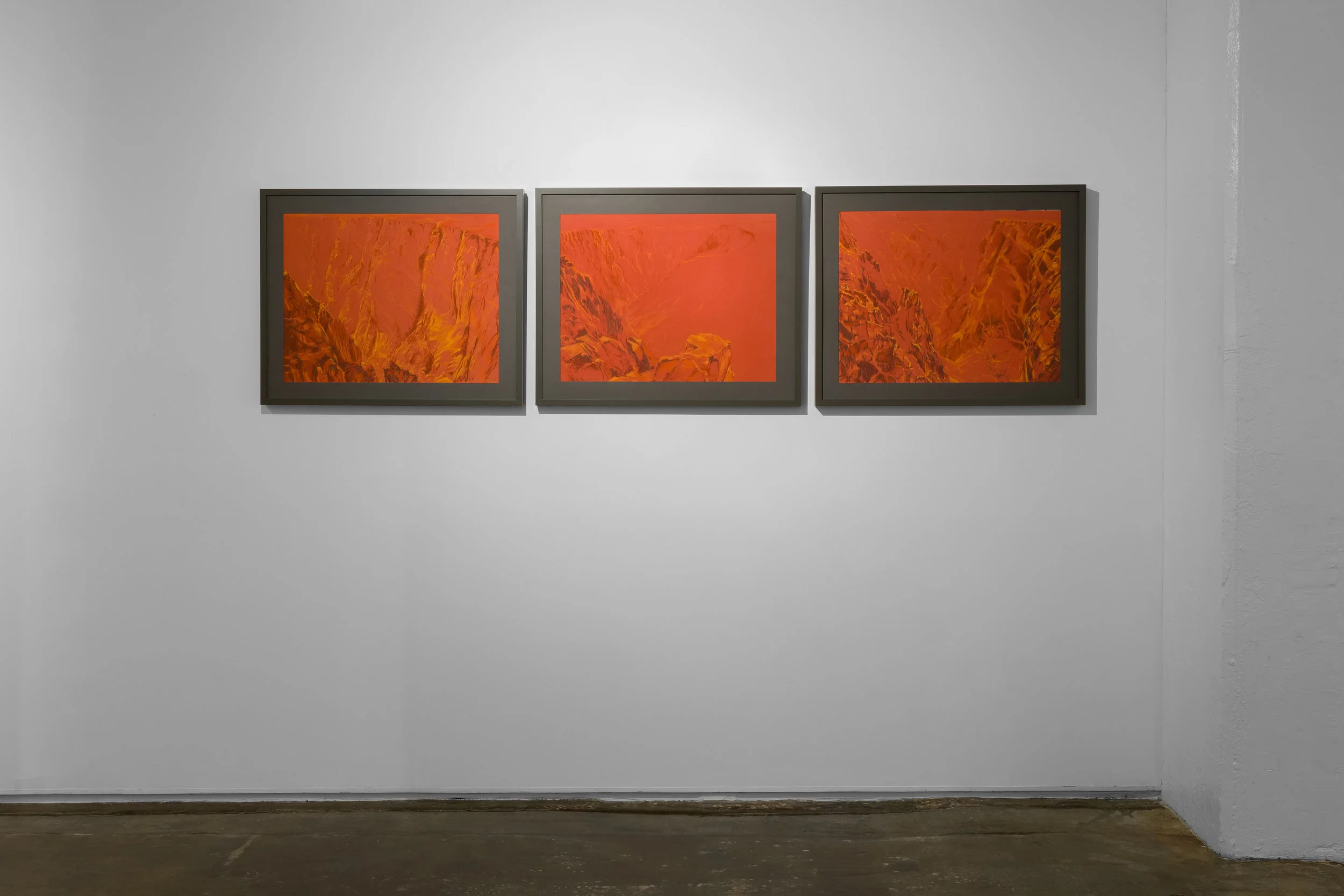Mary-Ann Kokoska, Three from “Permanent Red”: Awakening, Embrace, Crackle , 2017. Pastel on paper.
