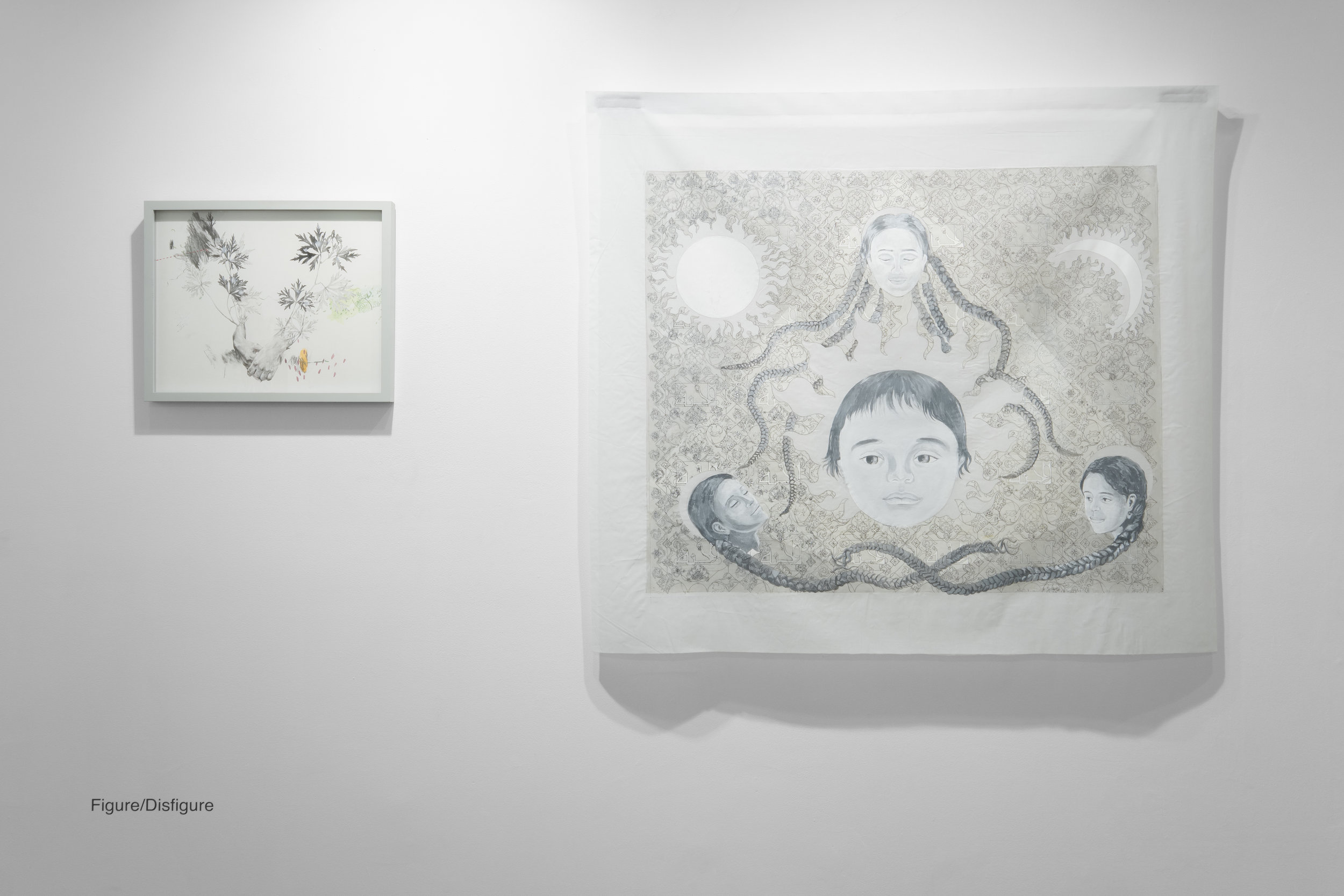  Left: Joo Yeon Woo,  Sitting in Nowhere , 2017. Ink, acylic paint on paper  Right: Hend Al-Mansour,  Flower of Paradise,  2013. Paint on cotton 