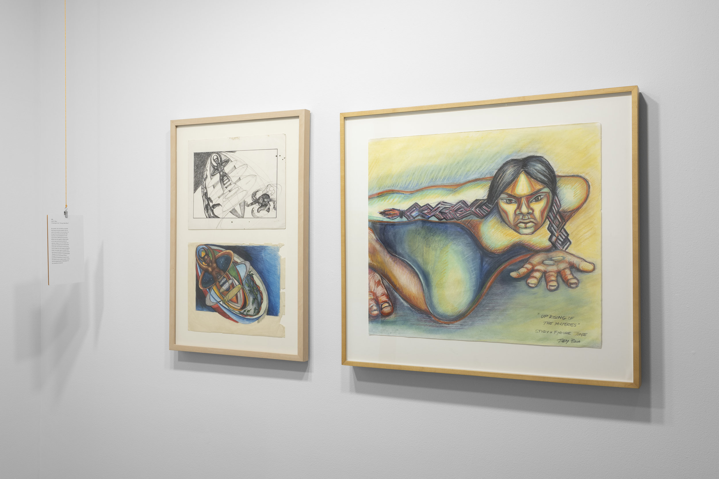 Judith Baca, "When God Was Woman," 1982 (left) and Judith Baca "Uprising of the Mujeres," 1979.